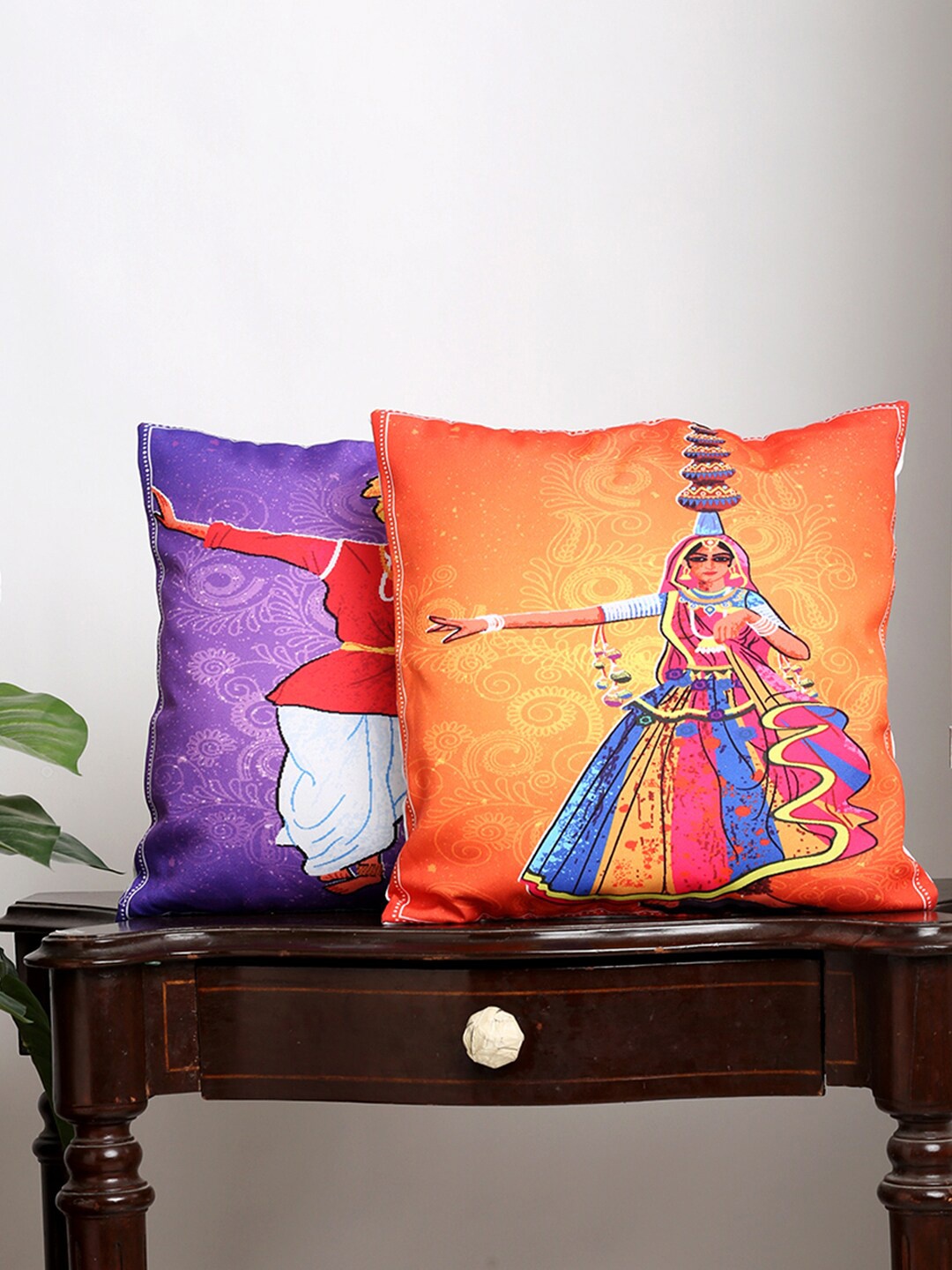 

Alina decor Set Of 2 Purple & Yellow Ethnic Motifs Square Cushion Covers