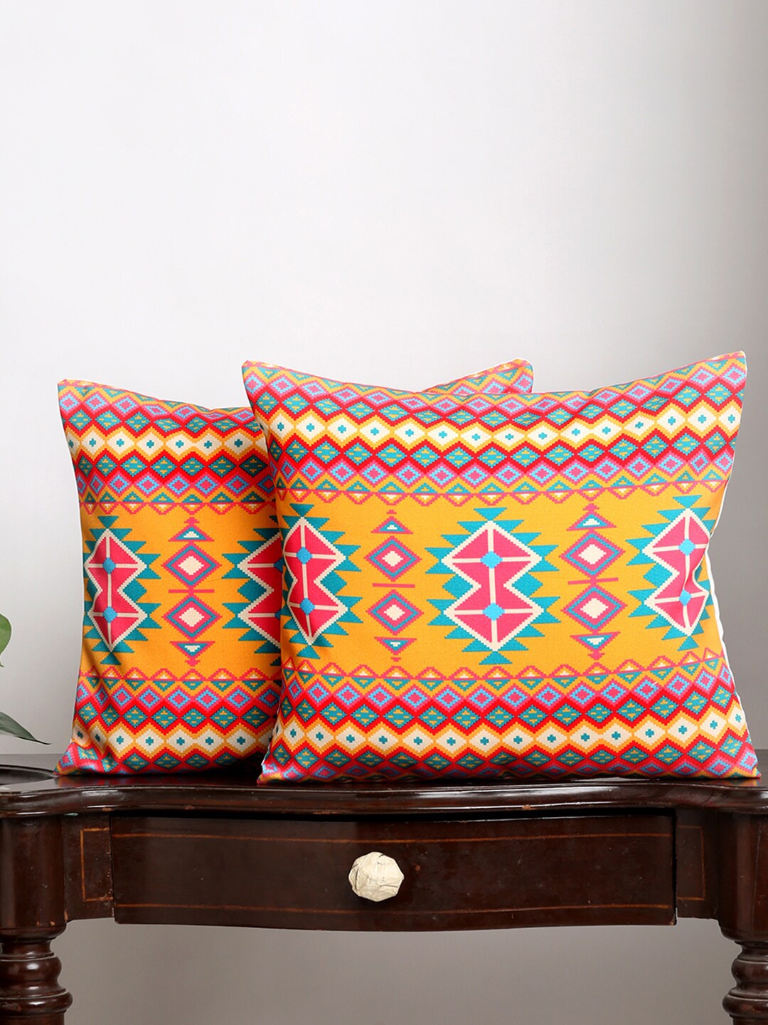 

Alina decor Set Of 2 Yellow & Red Geometric Square Cushion Covers