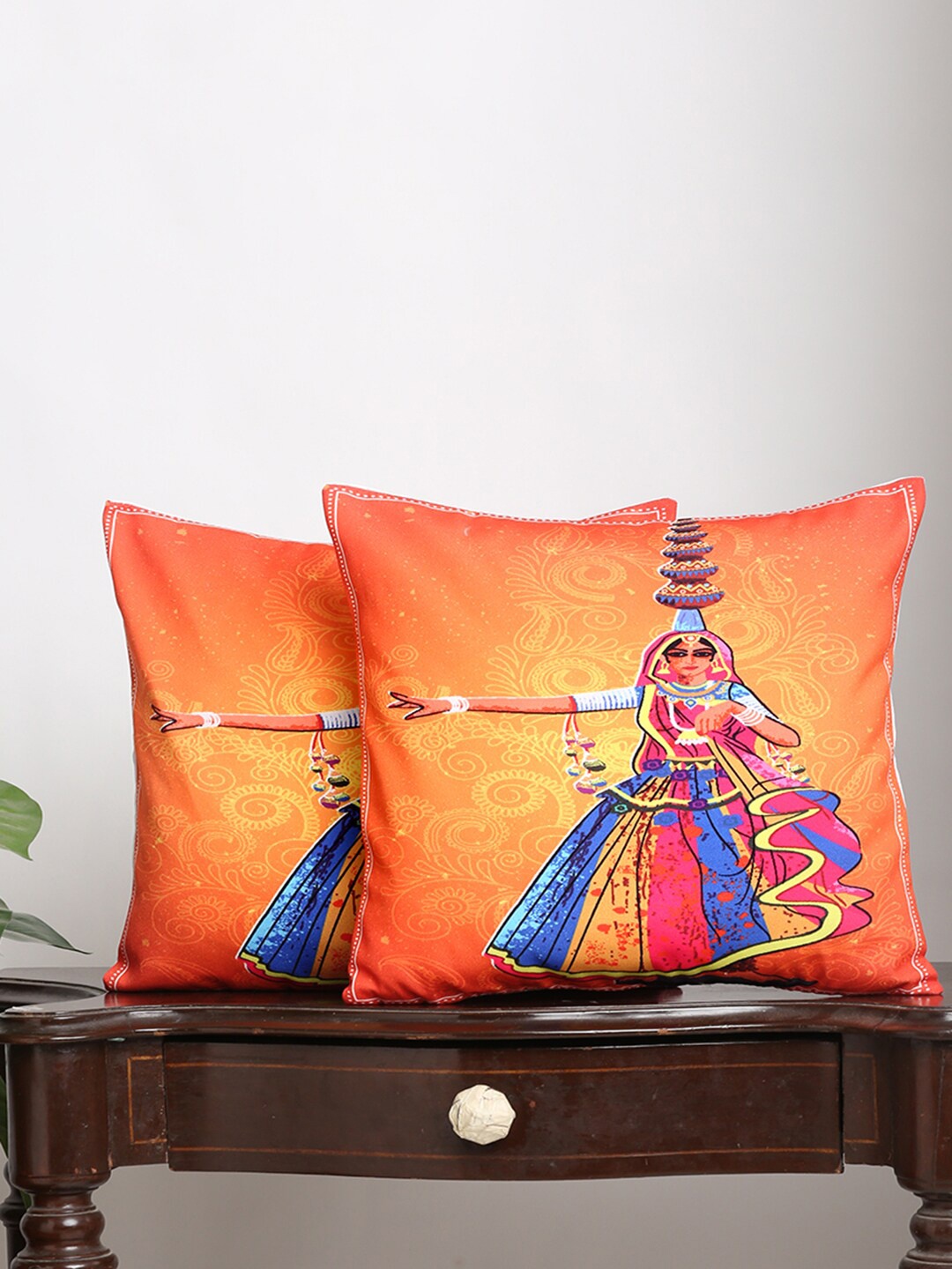 Alina decor Set Of 2 Yellow & Red Ethnic Motifs Square Cushion Covers