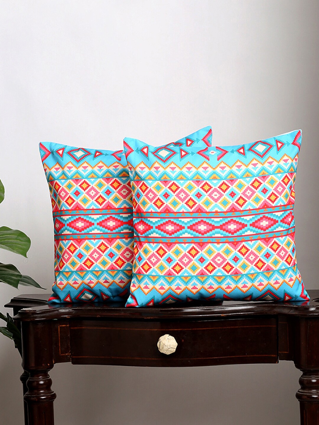 Alina decor Set Of 2 Blue & Red Geometric Square Cushion Covers