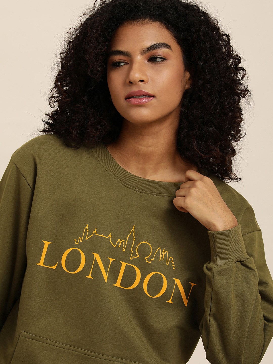 

DILLINGER Women Olive Typographic Oversized Sweatshirt