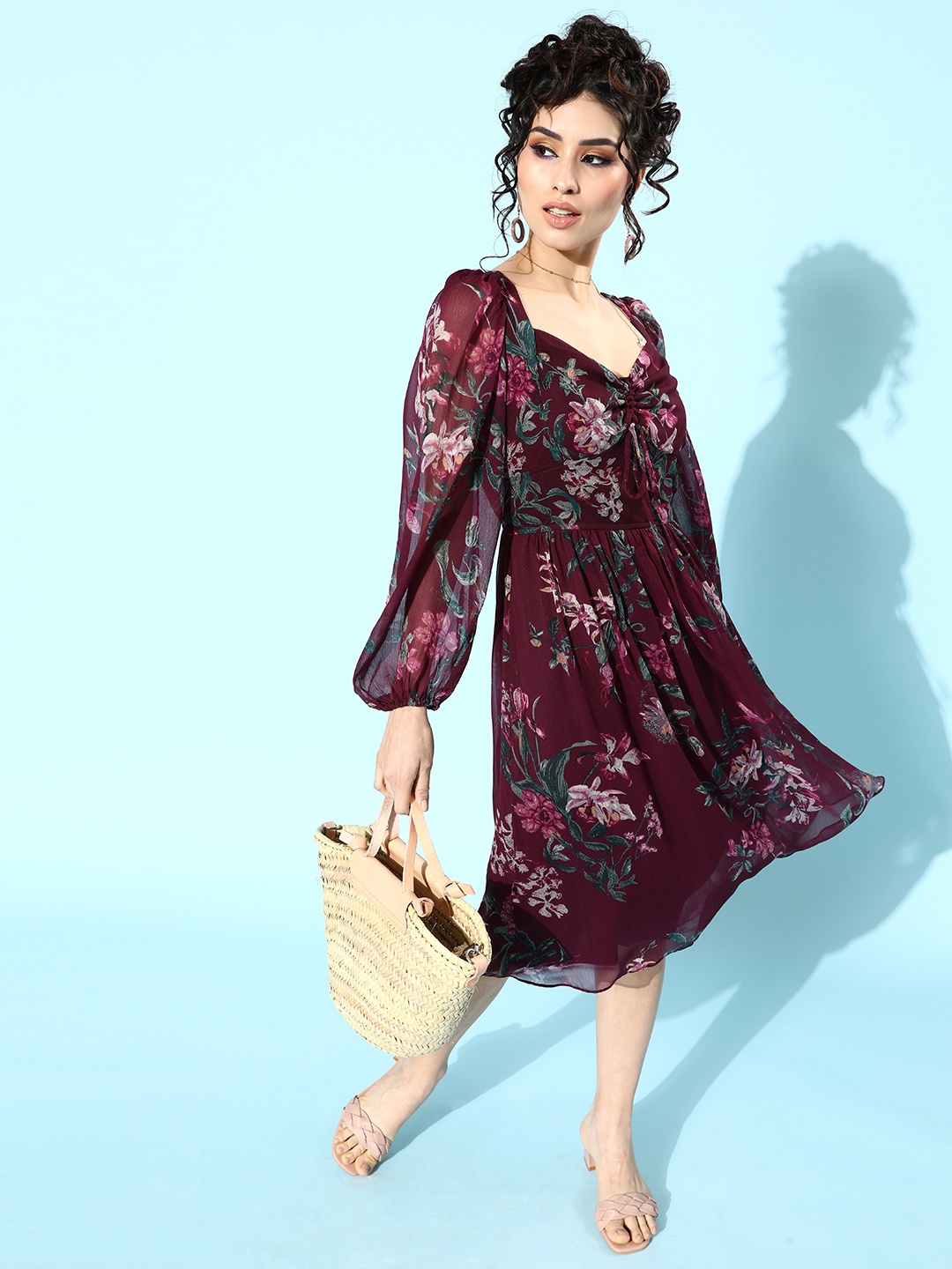 

Athena Women Burgundy Floral Print Puff Sleeves Fit & Flare Dress