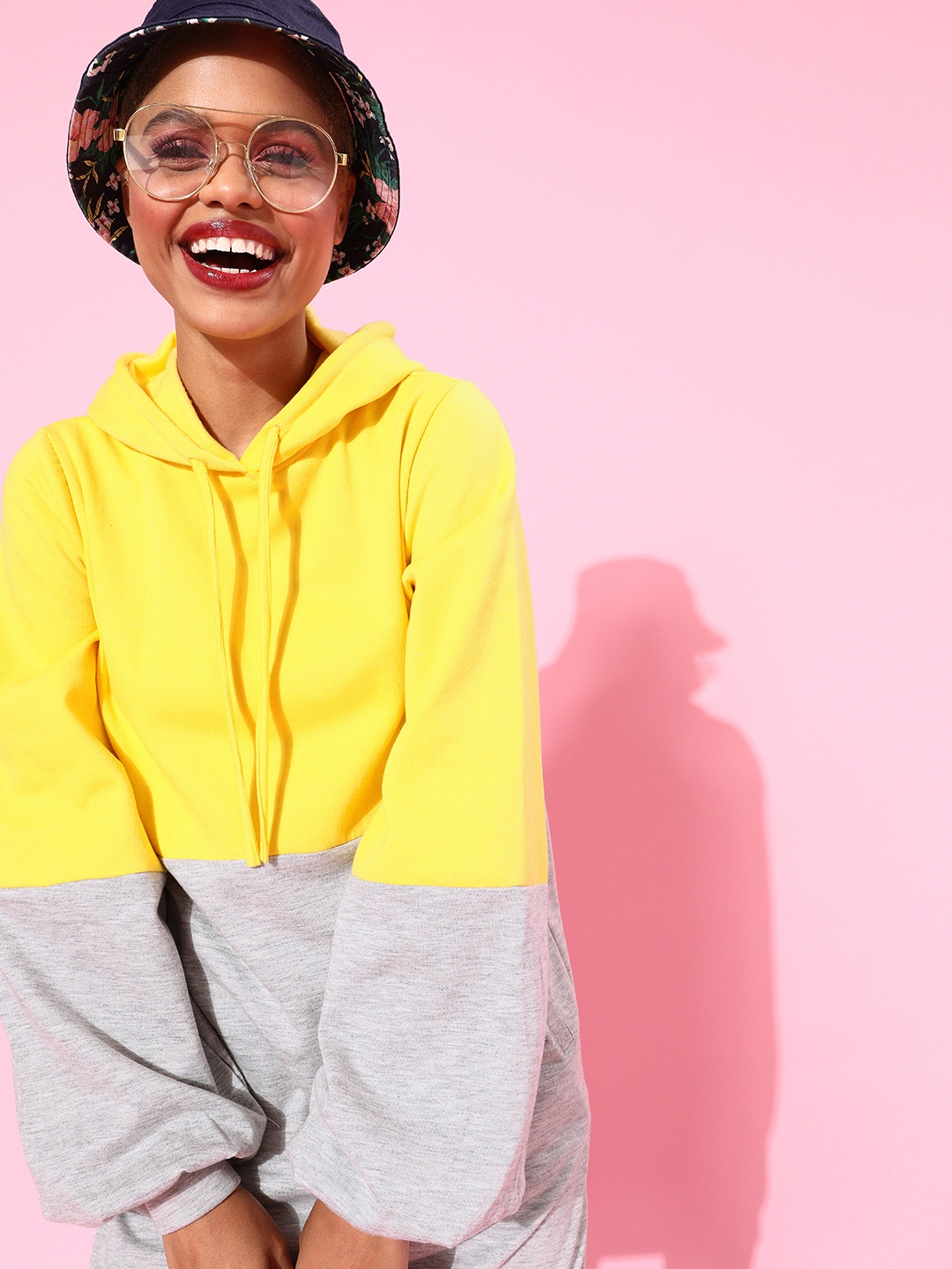 Athena Women Yellow Colourblocked Hooded Sweatshirt
