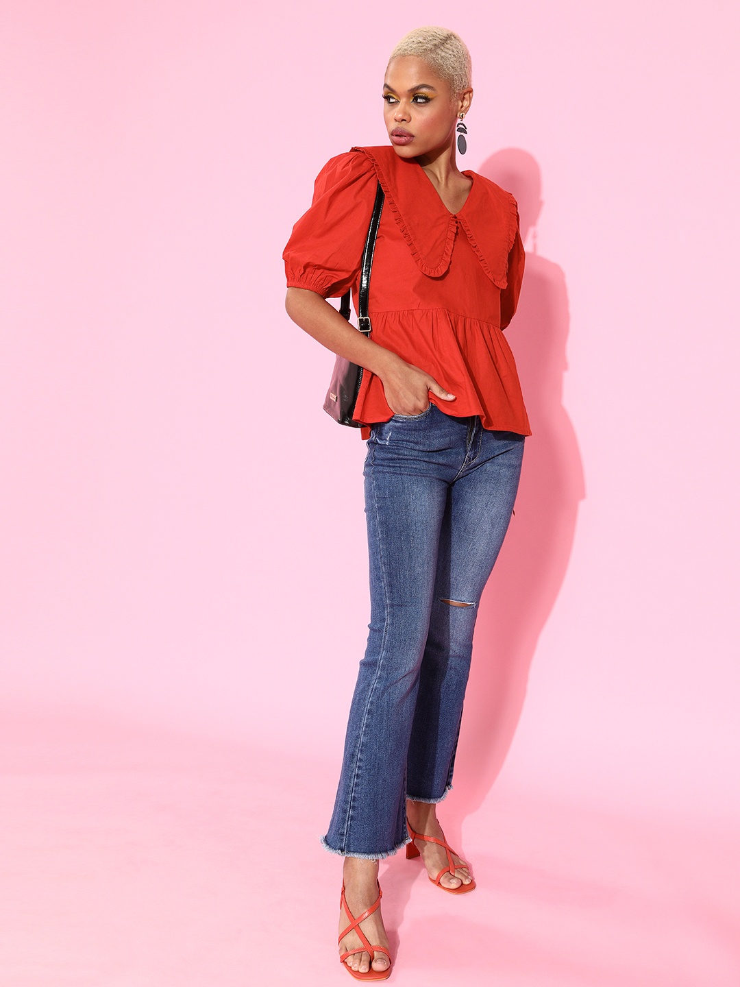 

Athena Women Gorgeous Red Puff Sleeves Above the Keyboard Collar Sleek Top, Orange