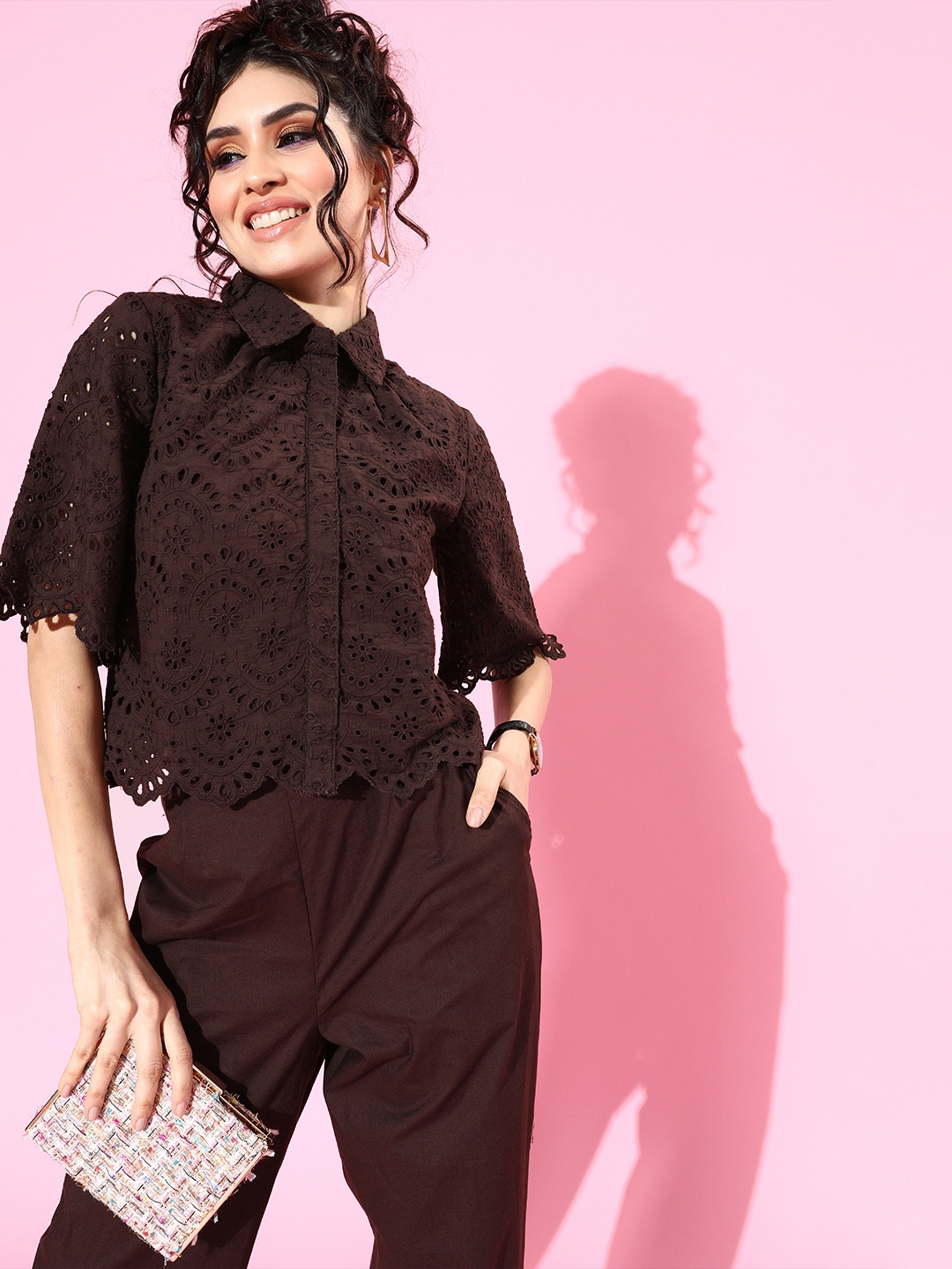 

Athena Women Coffee Brown Self-Design Top with Trousers