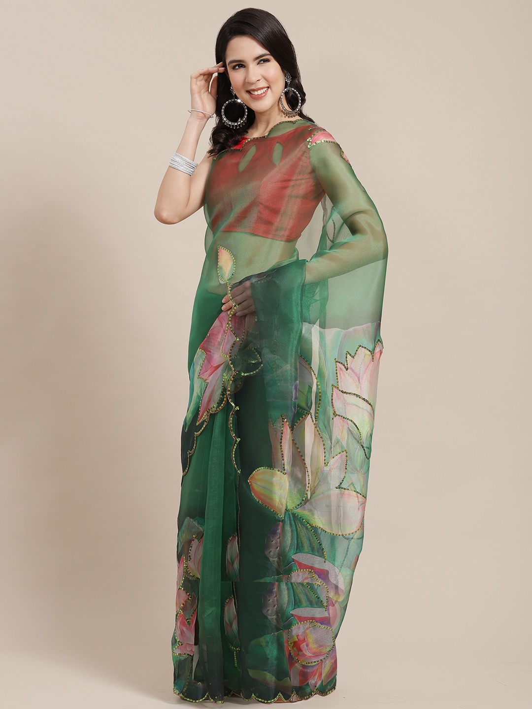 

Kalista Green & Pink Floral Sequinned Organza Saree