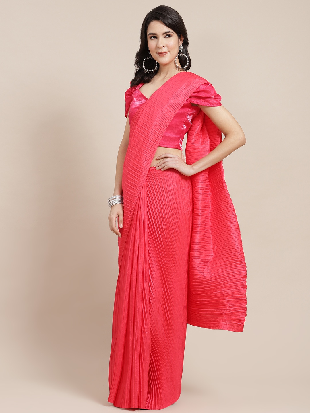 

Kalista Pink Solid Accordion Pleats Saree