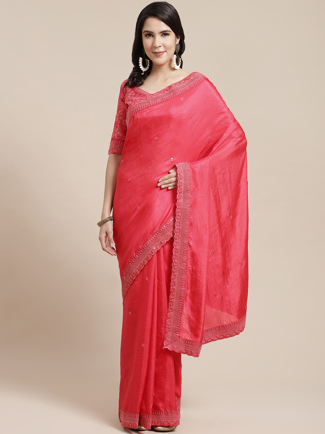 

Kalista Pink Solid Sequinned Saree