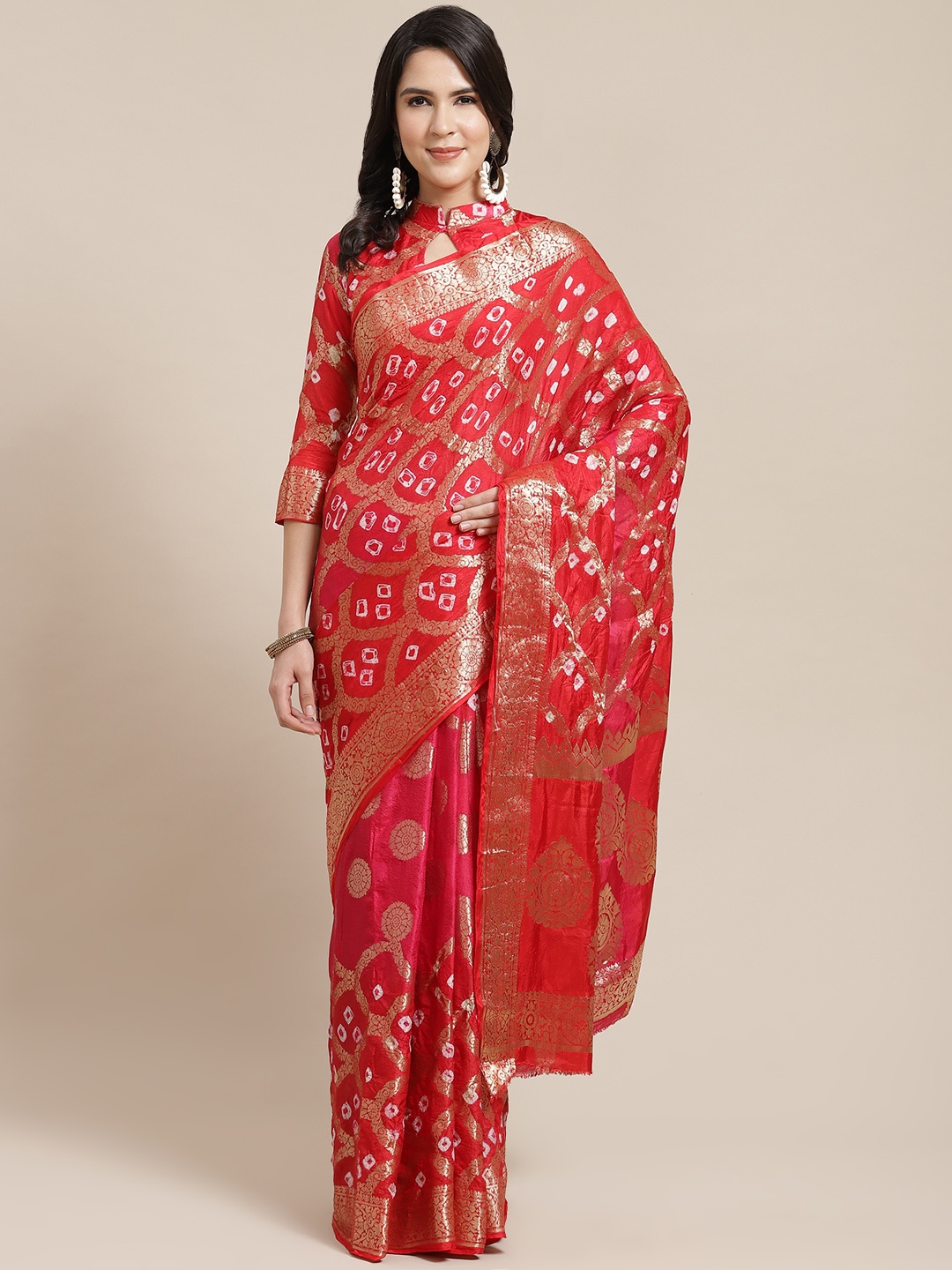 

Kalista Red & Gold-Toned Ethnic Motifs Zari Heavy Work Saree
