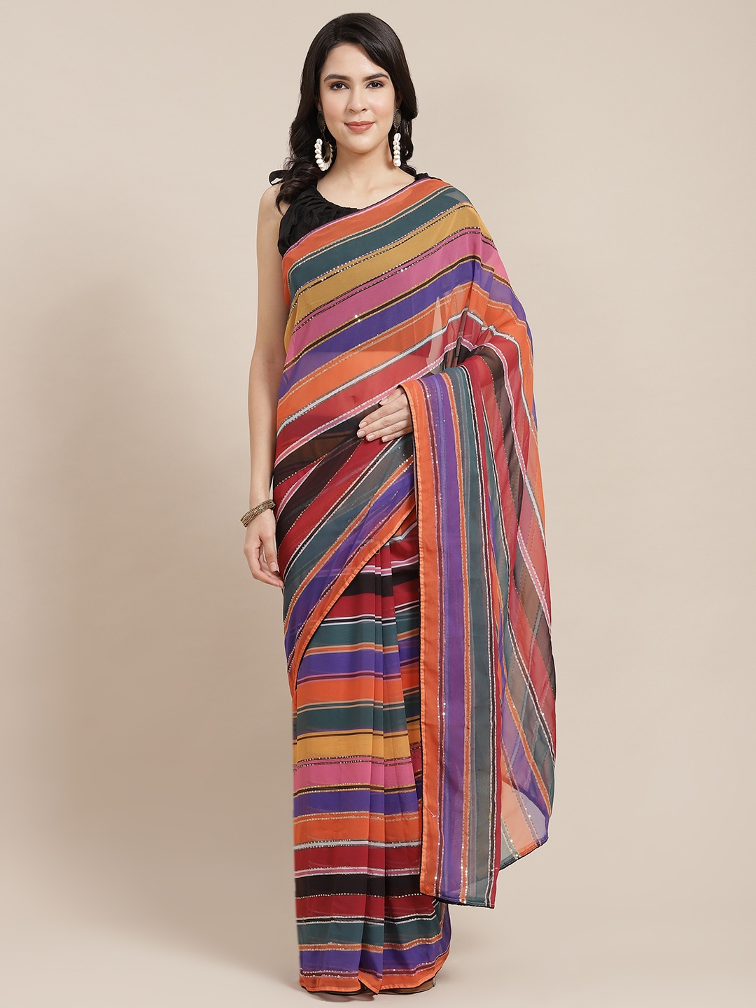 

Kalista Multicoloured Striped Sequinned Saree, Multi