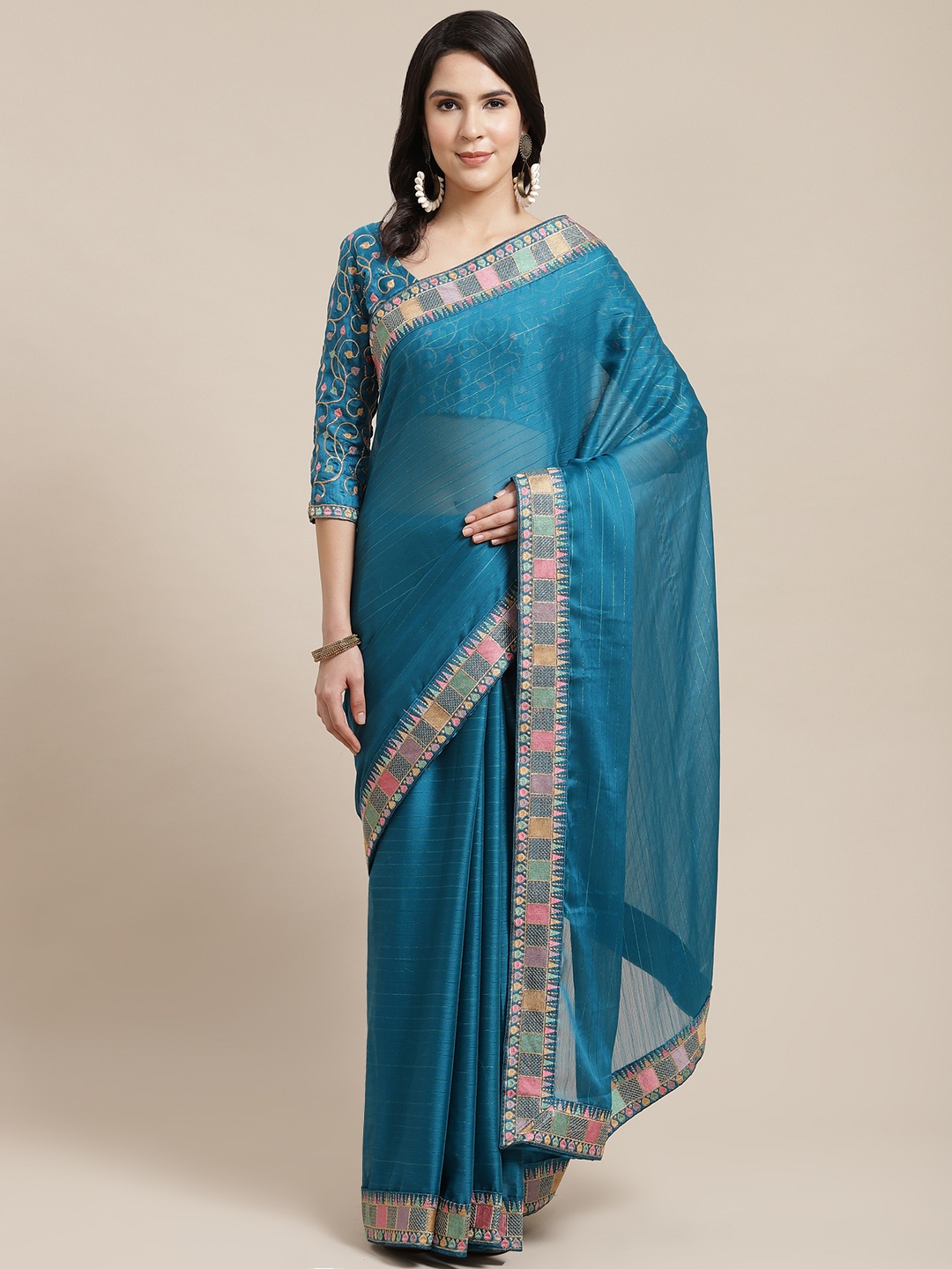 

Kalista Teal & Pink Woven Design Embroidered Saree