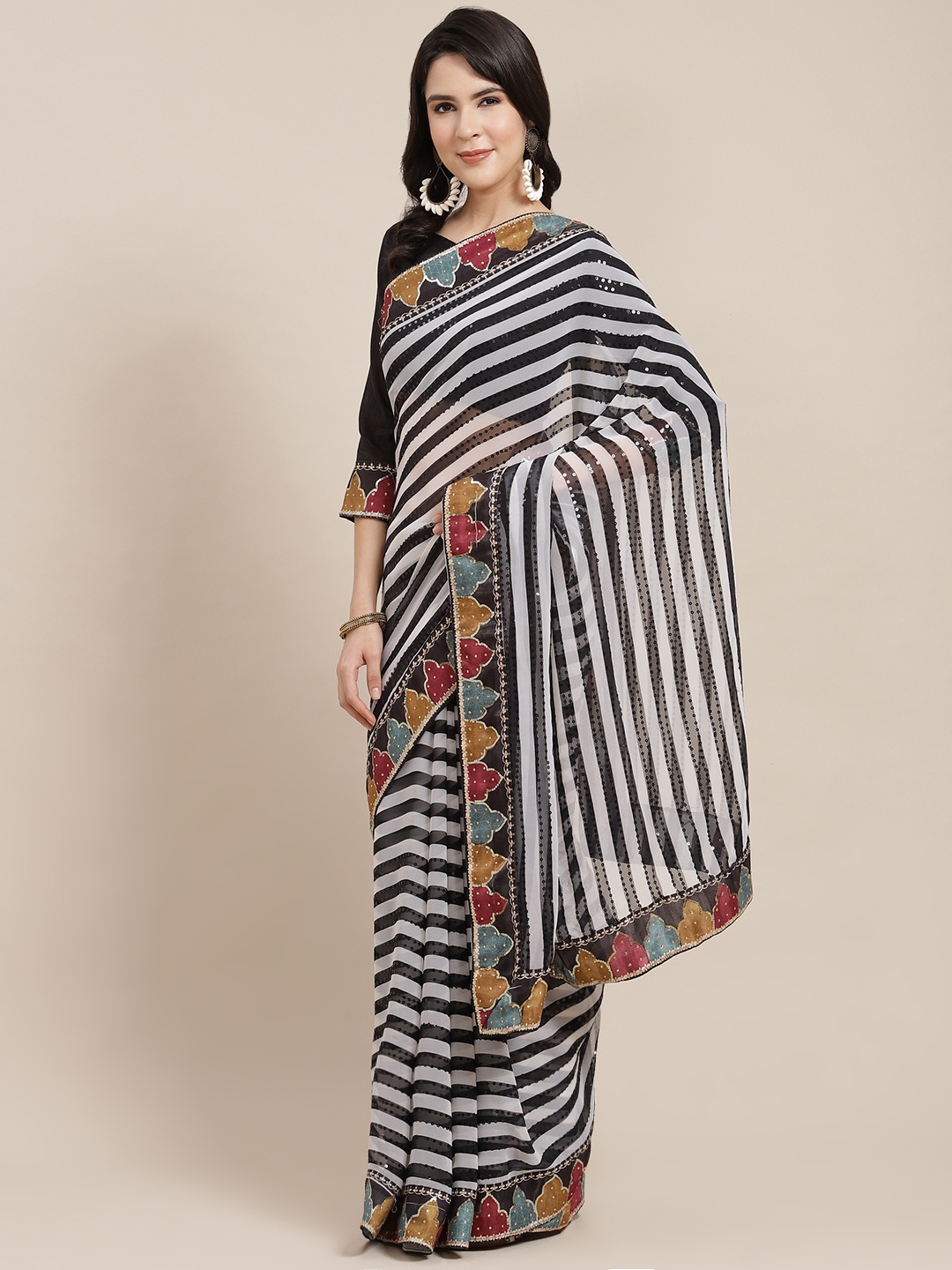 

Kalista Black & White Striped Sequinned Saree
