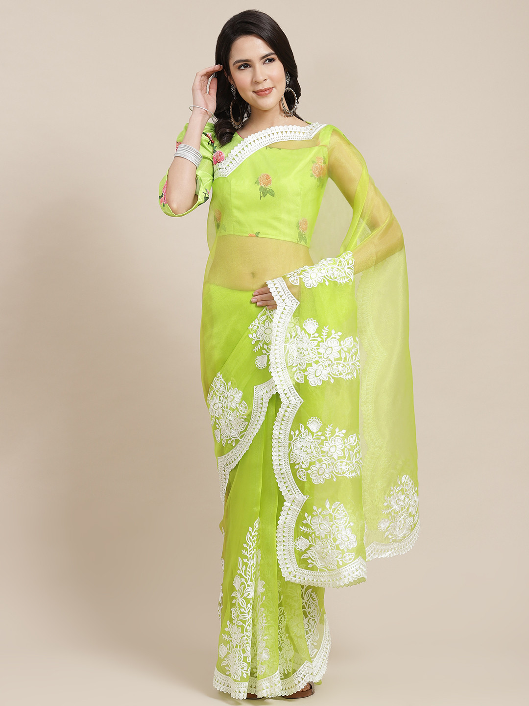 

Kalista Green & White Floral Embroidered Organza Saree