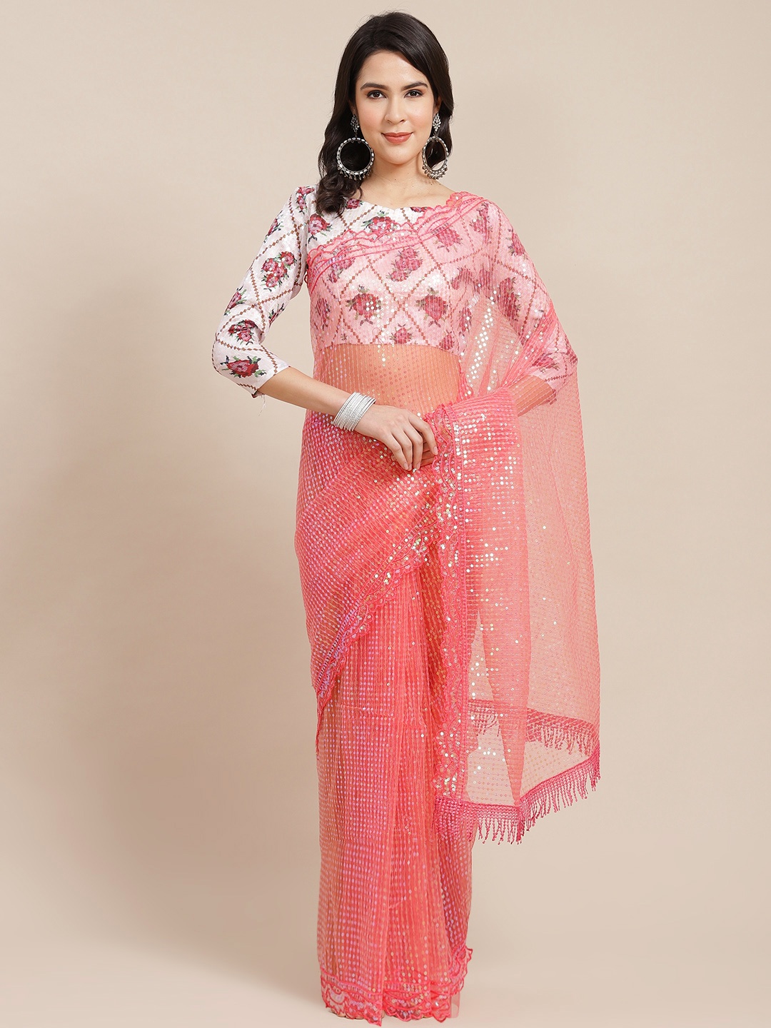 

Kalista Pink Embellished Sequinned Net Saree