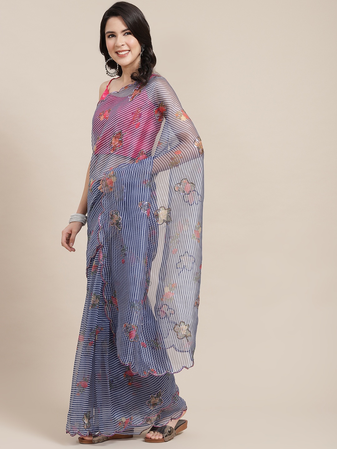 

Kalista Navy Blue & Red Floral Sequinned Organza Saree