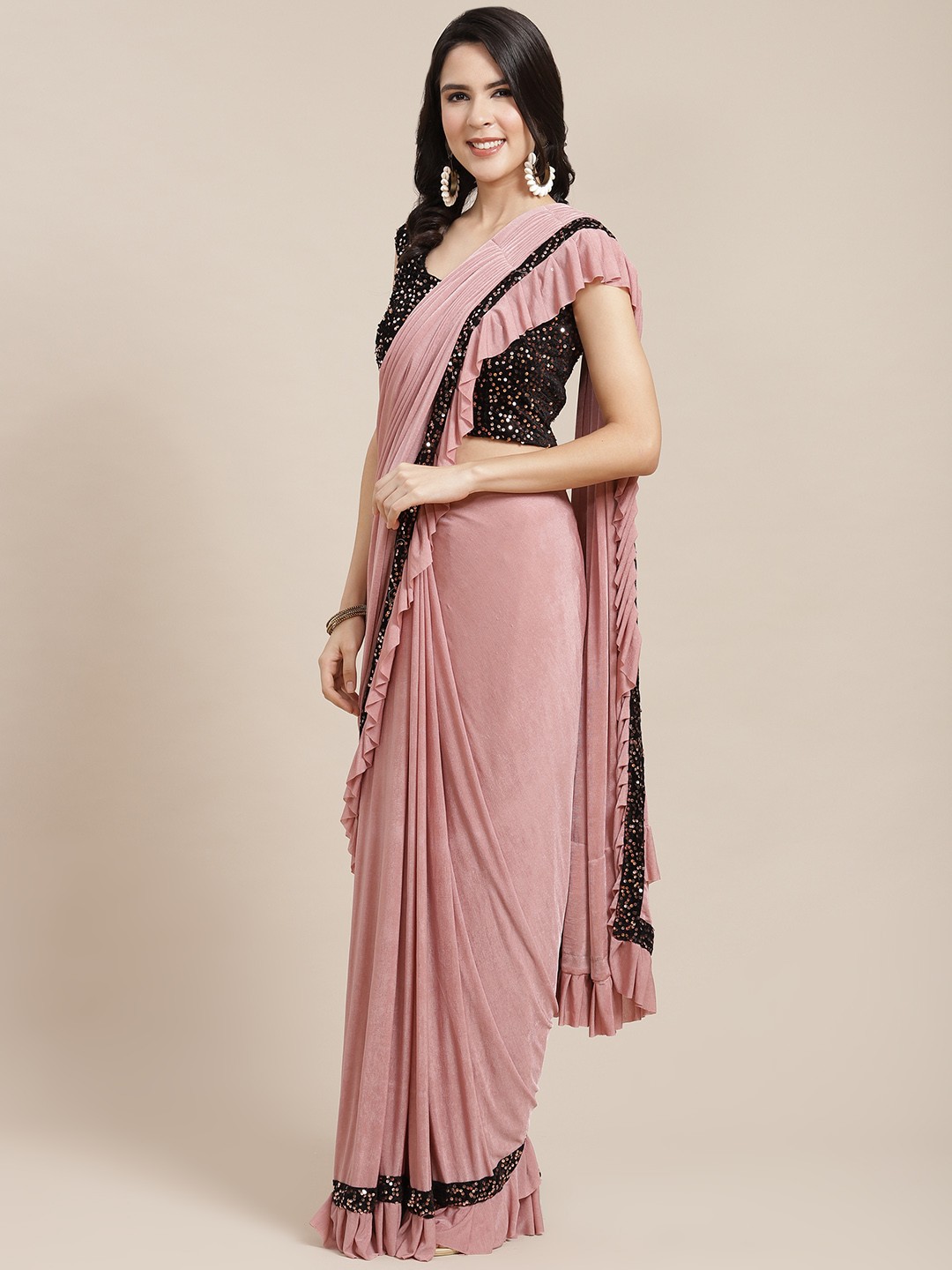 

Kalista Pink & Black Sequinned Ruffle Ready To Wear Saree