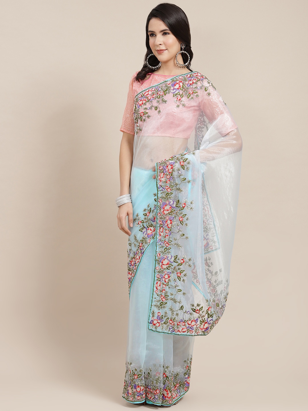 

Kalista Turquoise Blue & Red Floral Embroidered Organza Saree