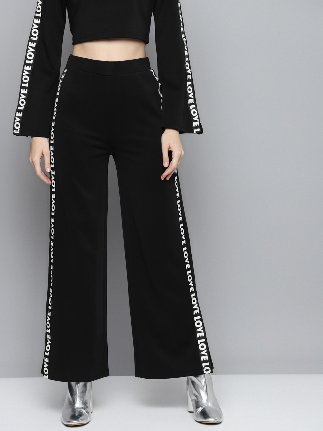 

SASSAFRAS Women Black Scuba Love Tape Detail Flared Track Pants