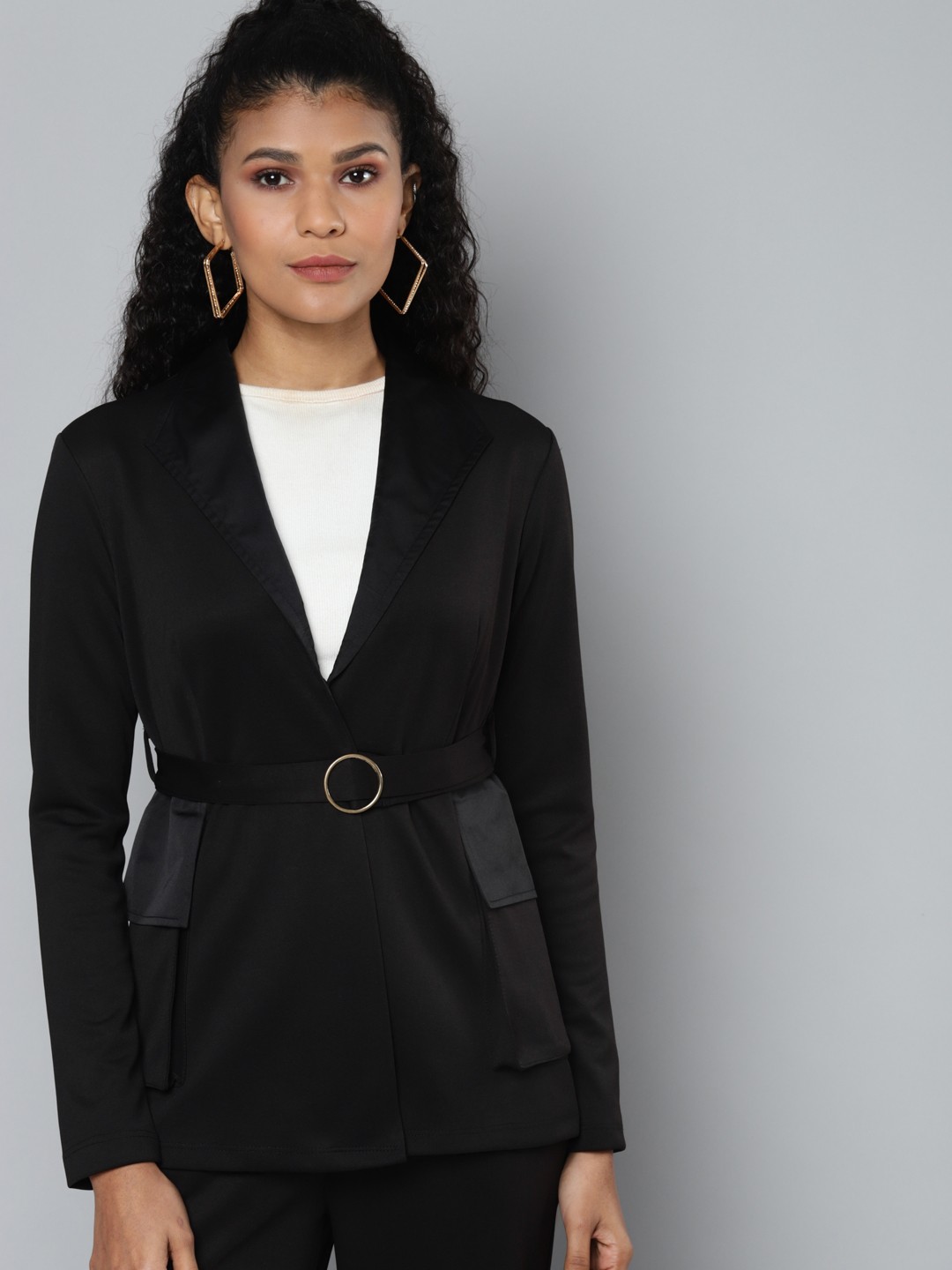 

SASSAFRAS Women Black Scuba Front Big Pocket Classic Blazer