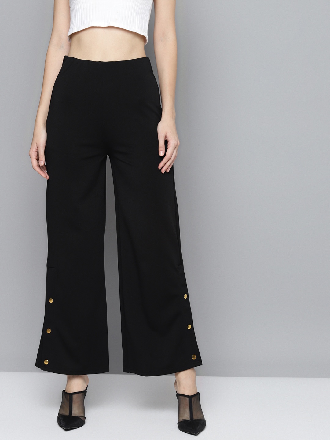 

SASSAFRAS Women Black Scuba Side Button Flared Track Pants