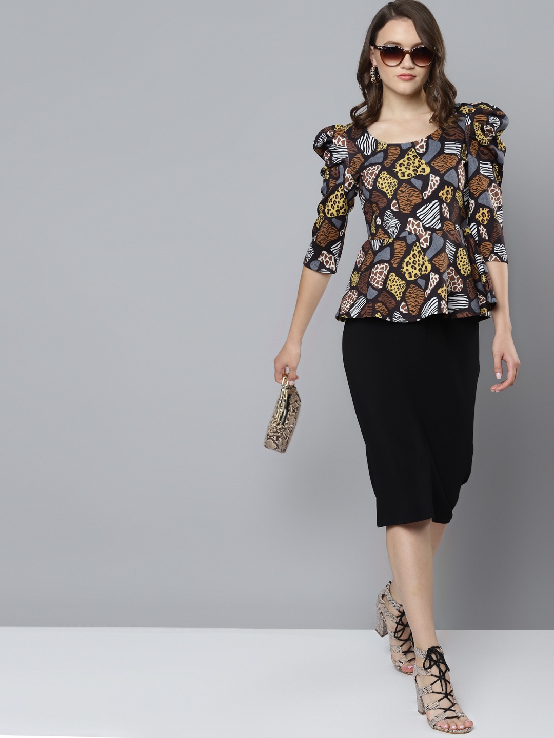 

SASSAFRAS Black & Mustard Yellow Scuba Animal Print Peplum Top