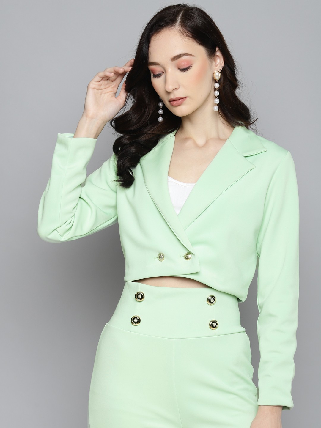 

SASSAFRAS Women Green Scuba Crop Blazer