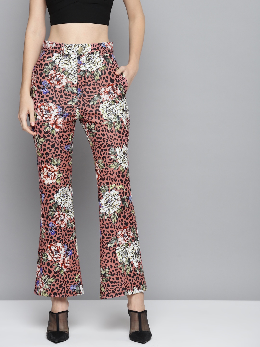 

SASSAFRAS Women Pink Floral Printed Slim Fit High-Rise Bell Bottom Pants
