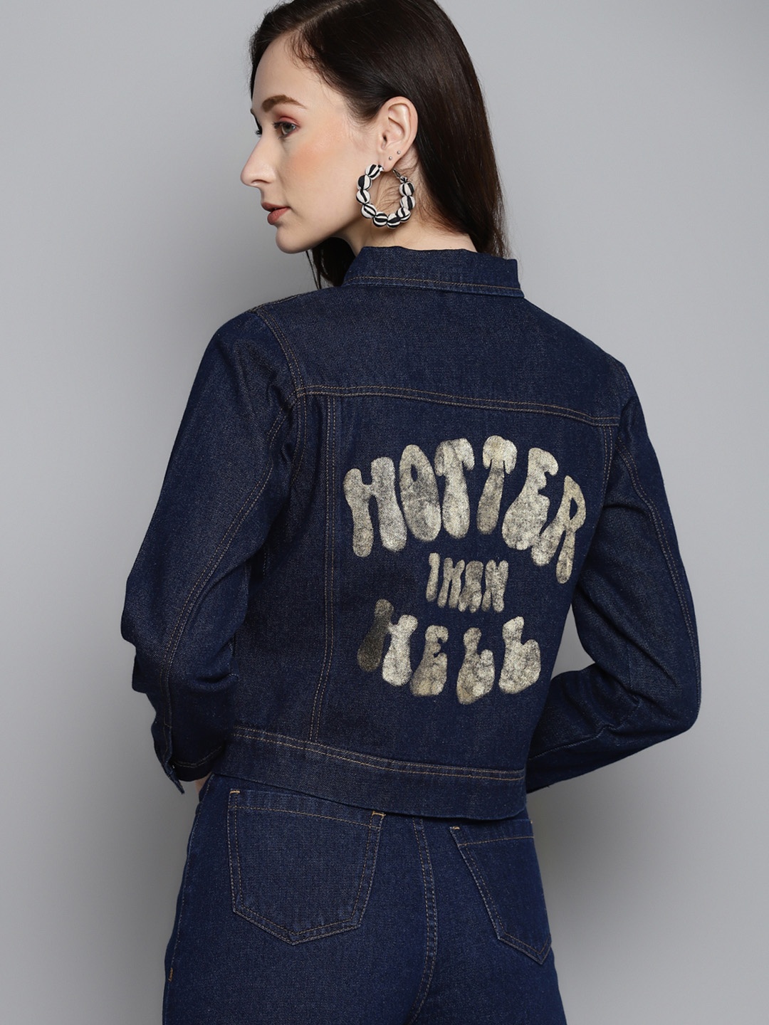 

SASSAFRAS Women Blue Hotter-Than-Hell Print Denim Jacket