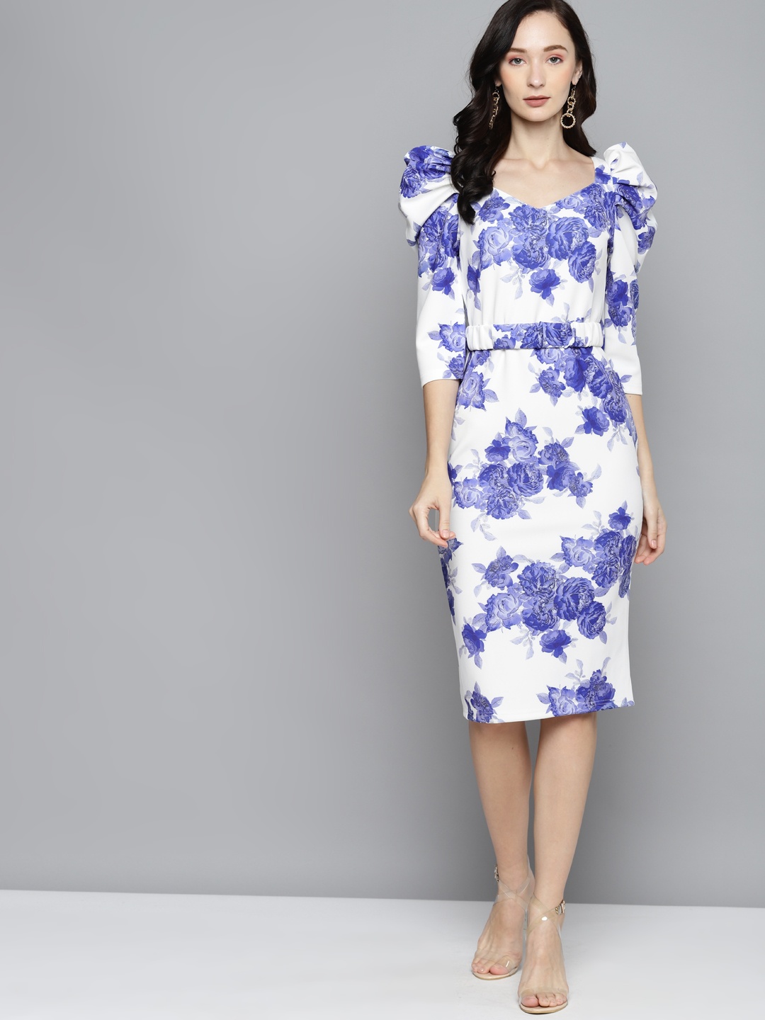 

SASSAFRAS White & Blue Floral Scuba Scuba Power Shoulder Midi Dress