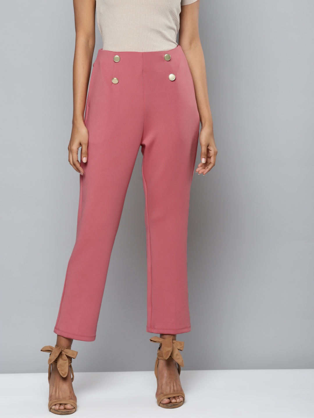 

SASSAFRAS Women Coral Red Tapered Fit Scuba Front Button High-Rise Trousers