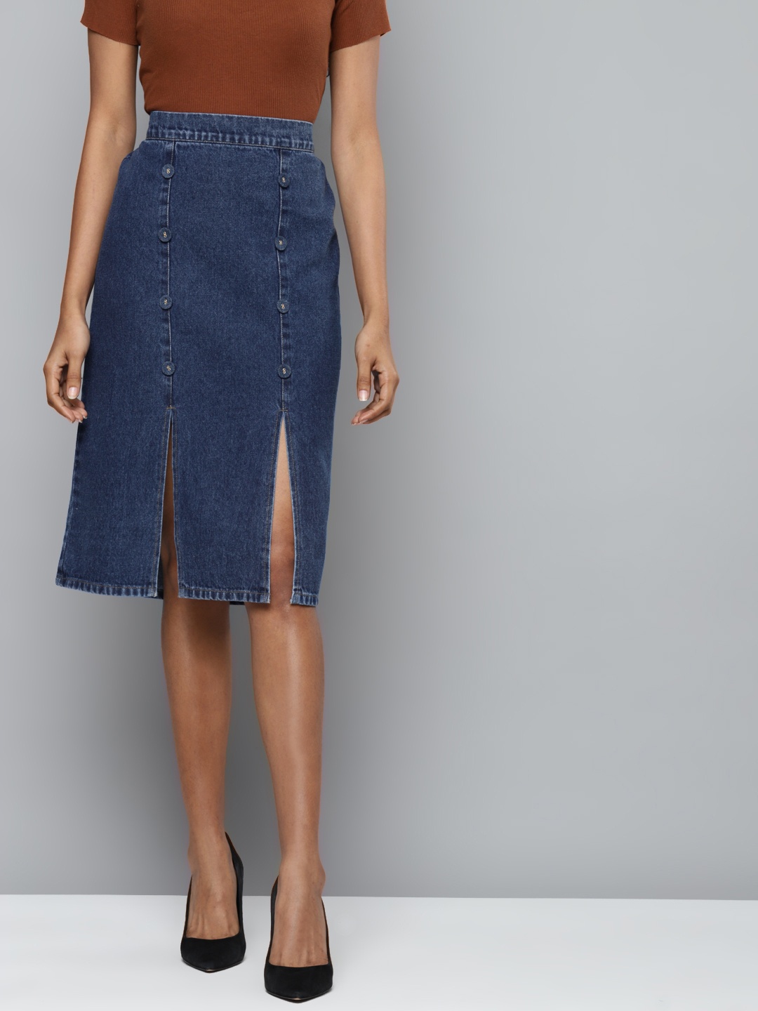 

SASSAFRAS Women Blue Denim Pencil Midi Skirt