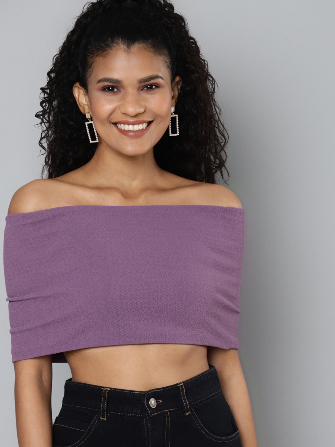 

SASSAFRAS Lavender Off-Shoulder Bardot Layer Crop Top