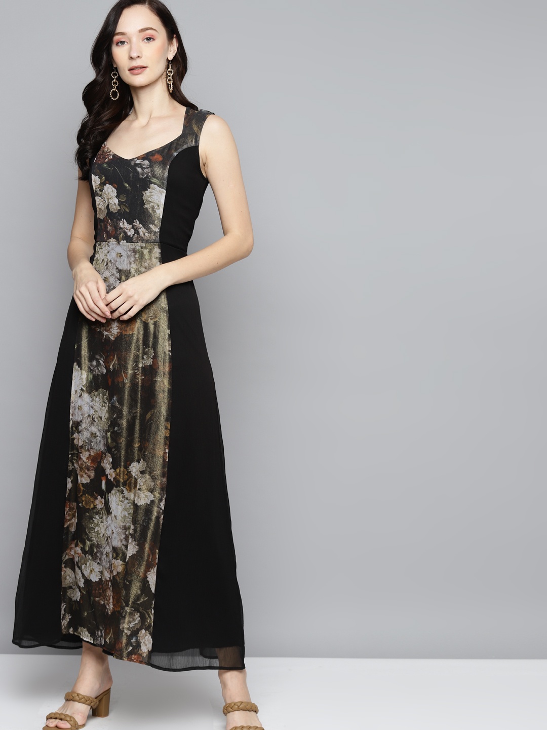 

SASSAFRAS Green & Olive Green Floral Chiffon A-Line Midi Dress