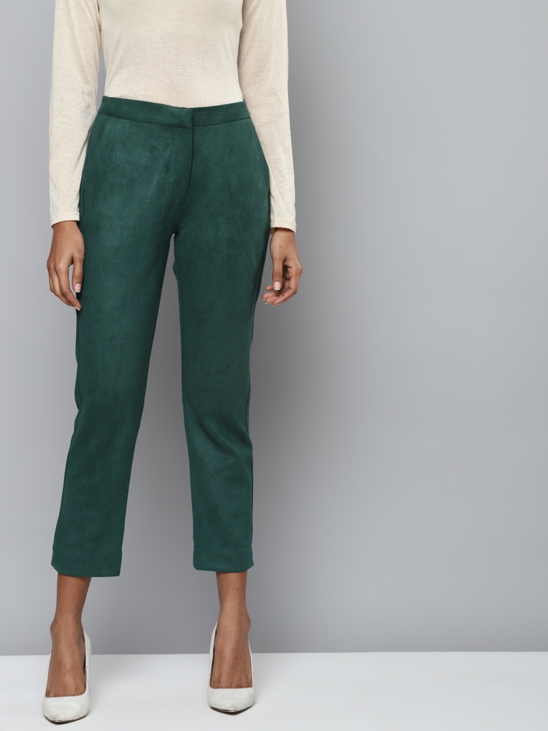 

SASSAFRAS Women Green Suede High-Rise Trousers