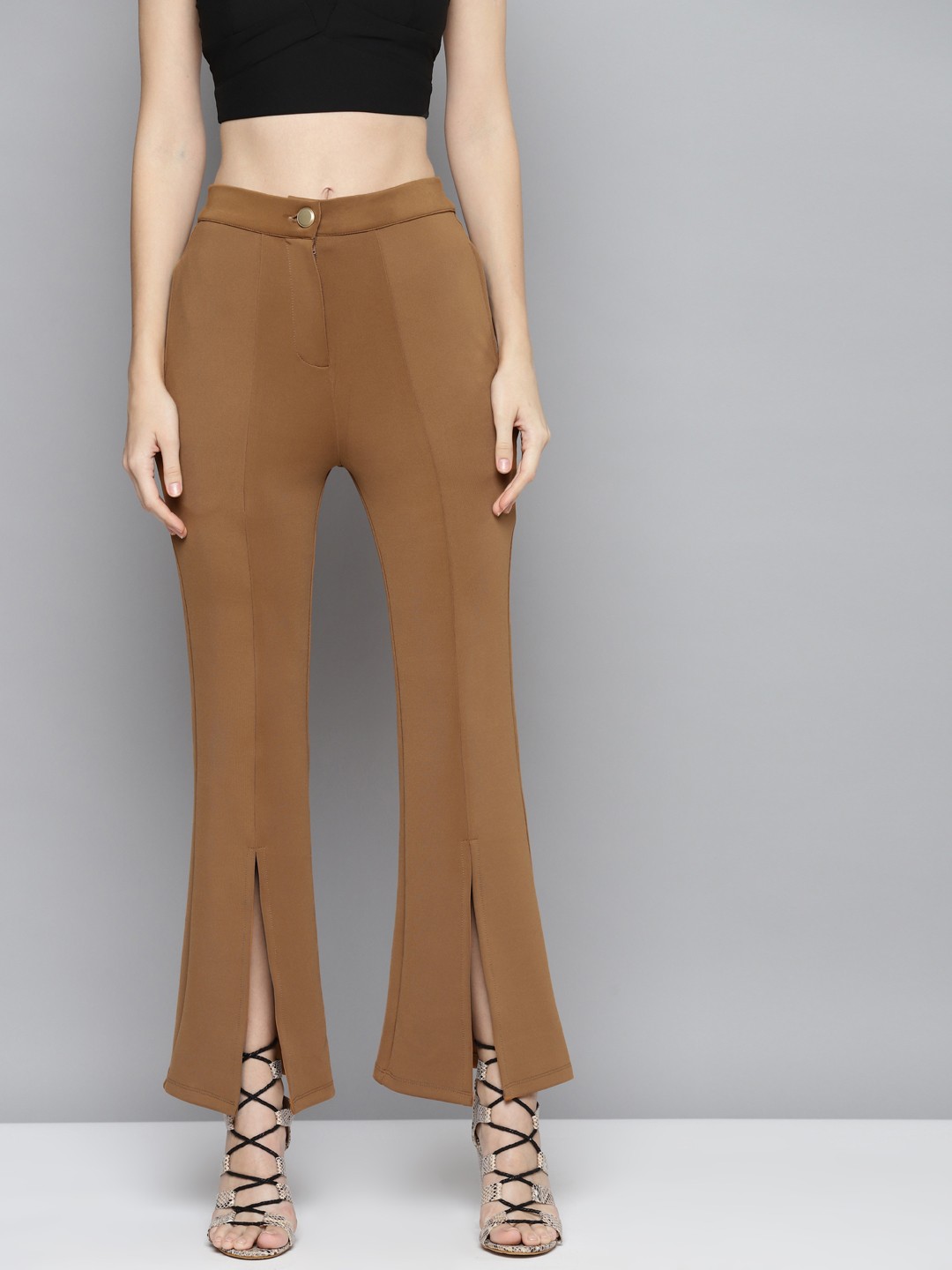 

SASSAFRAS Women Brown Slim Fit High-Rise Scuba Front Slit Bell Bottom Pants