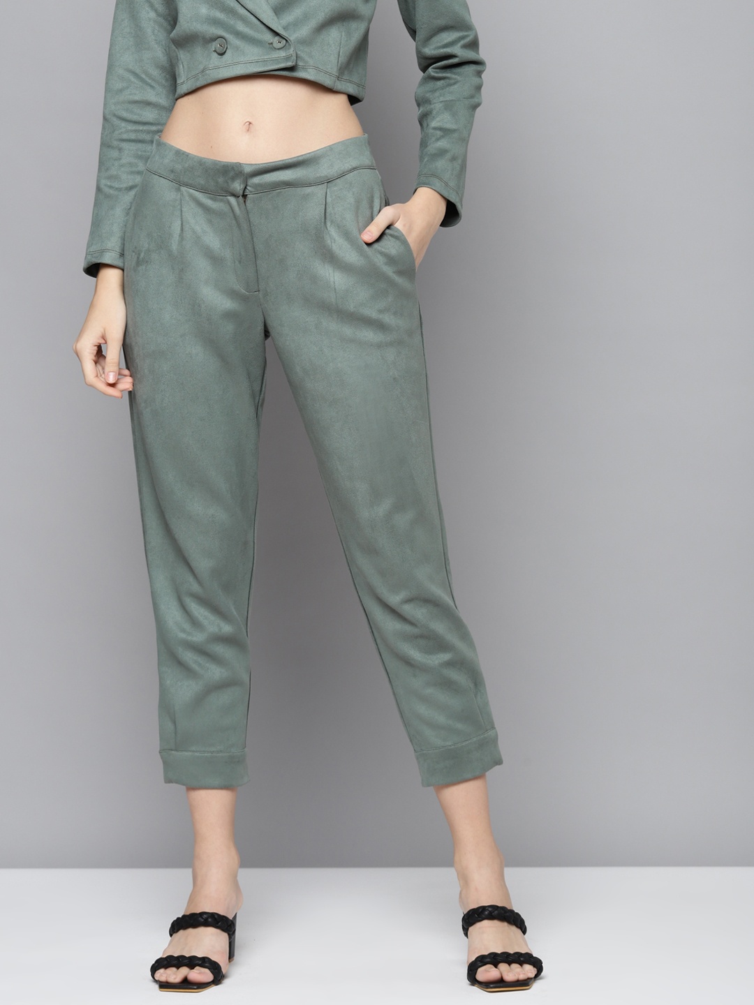 

SASSAFRAS Women Olive Green Suede Button Hem Pants
