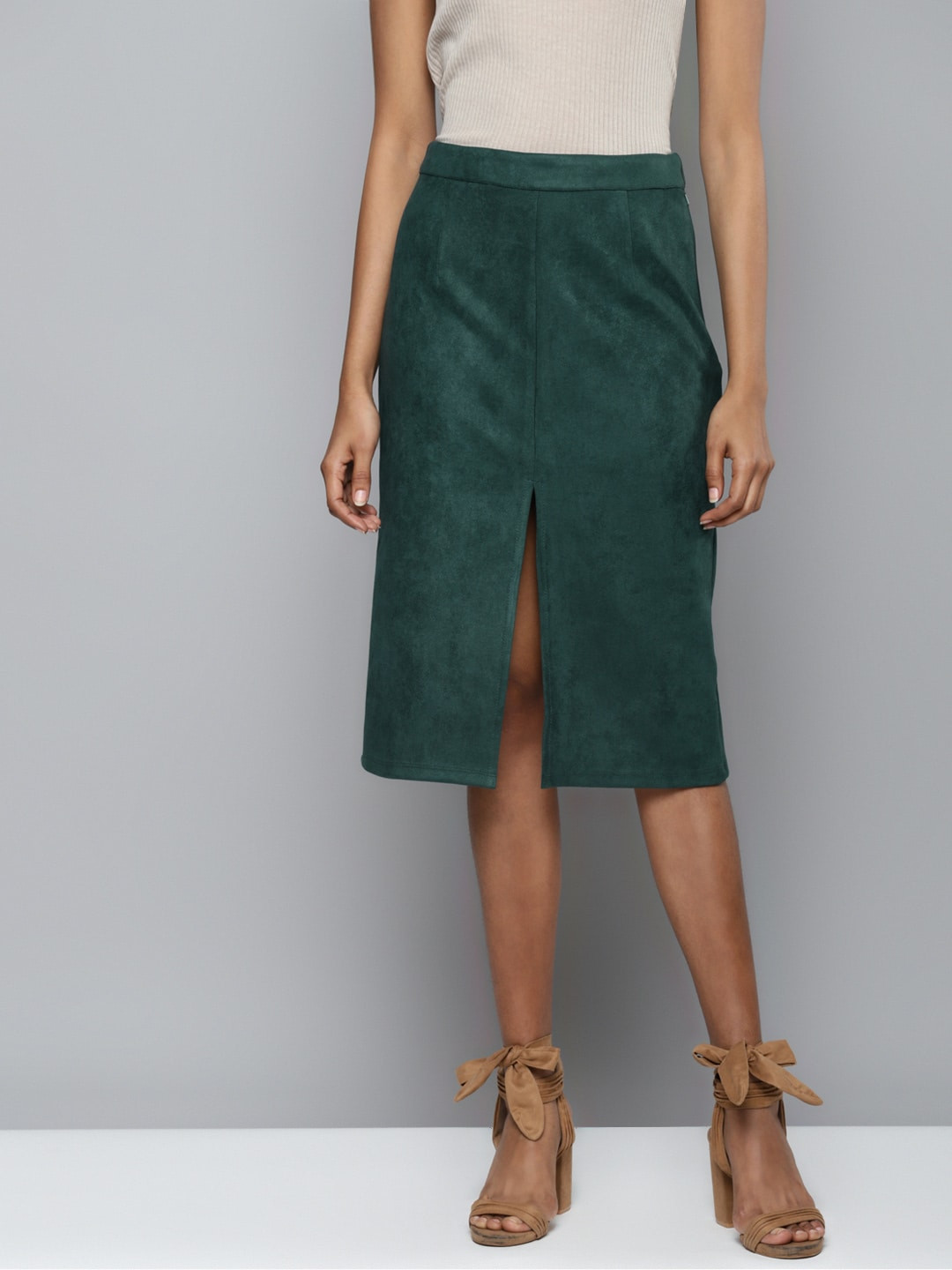 

SASSAFRAS Women Green Suede Pencil Skirt