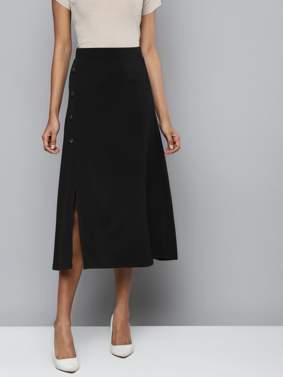 

SASSAFRAS Women Black Scuba Front Slit Flared Midi Skirt