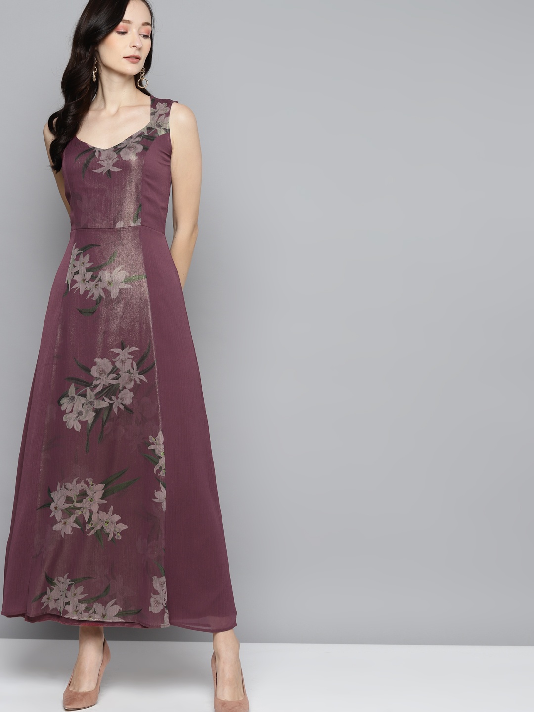 

SASSAFRAS Purple & Beige Floral Chiffon A-Line Maxi Dress