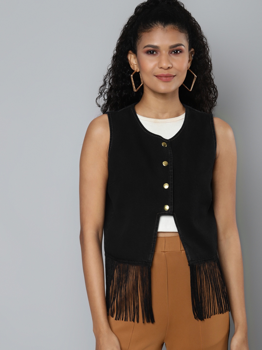 

SASSAFRAS Women Black Denim Sleeveless Fringe Hem Jacket