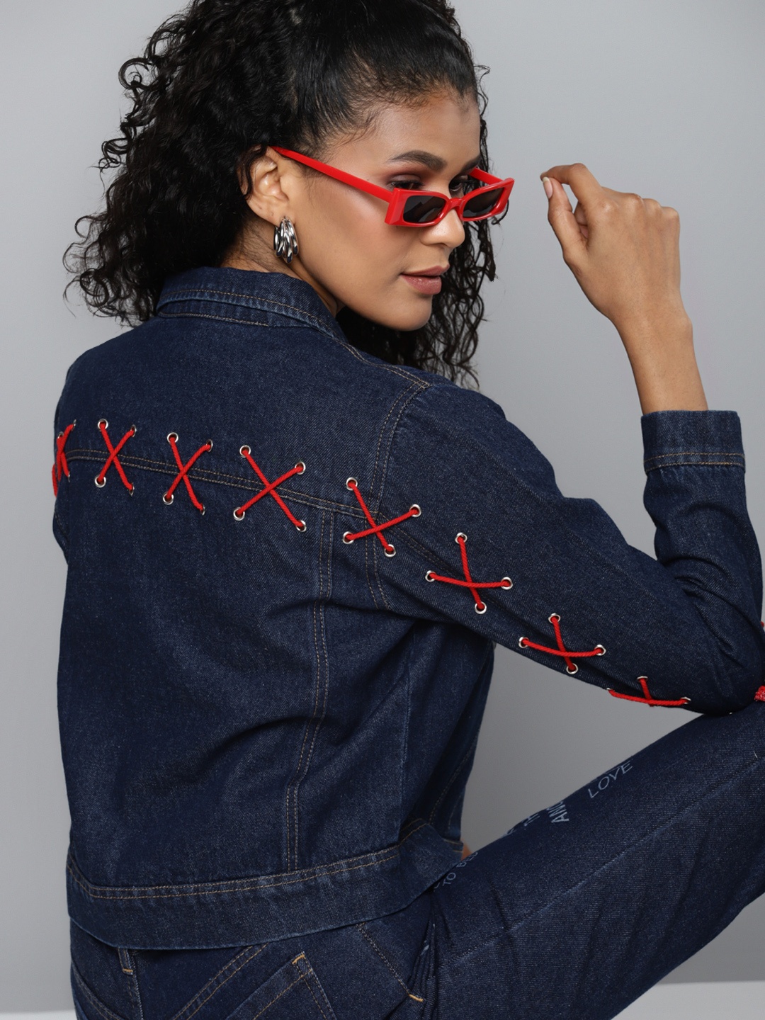 

SASSAFRAS Women Blue Criss Cross Detail Denim Jacket