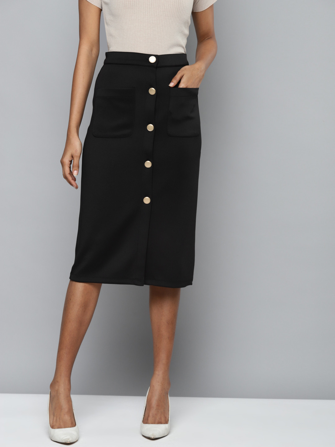 

SASSAFRAS Women Black Scuba Front Button Skirt
