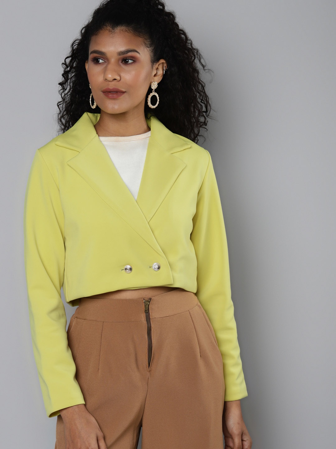 

SASSAFRAS Women Yellow Scuba Crop Blazer