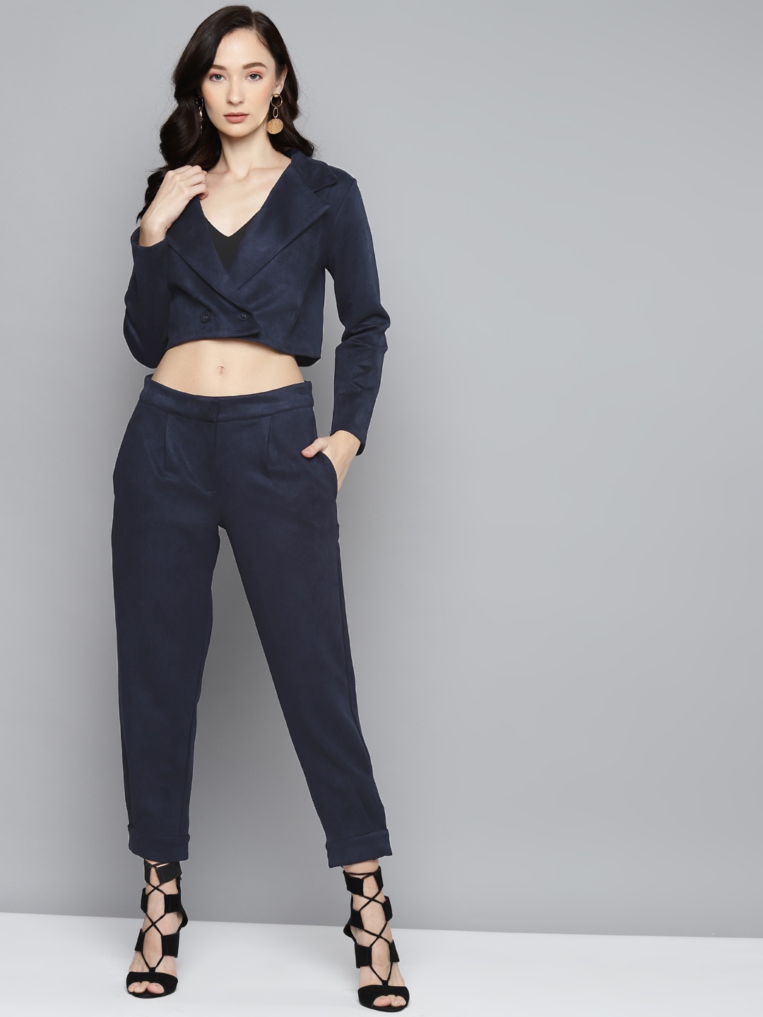 

SASSAFRAS Women Navy Blue High-Rise Suede Button Hem Pants
