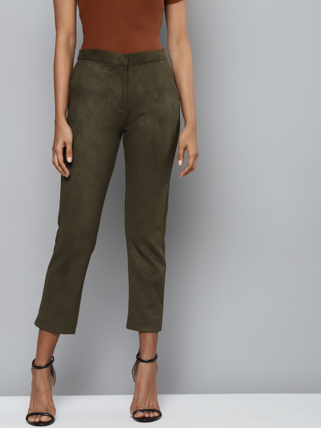 

SASSAFRAS Women Olive Green High-Rise Suede Trousers