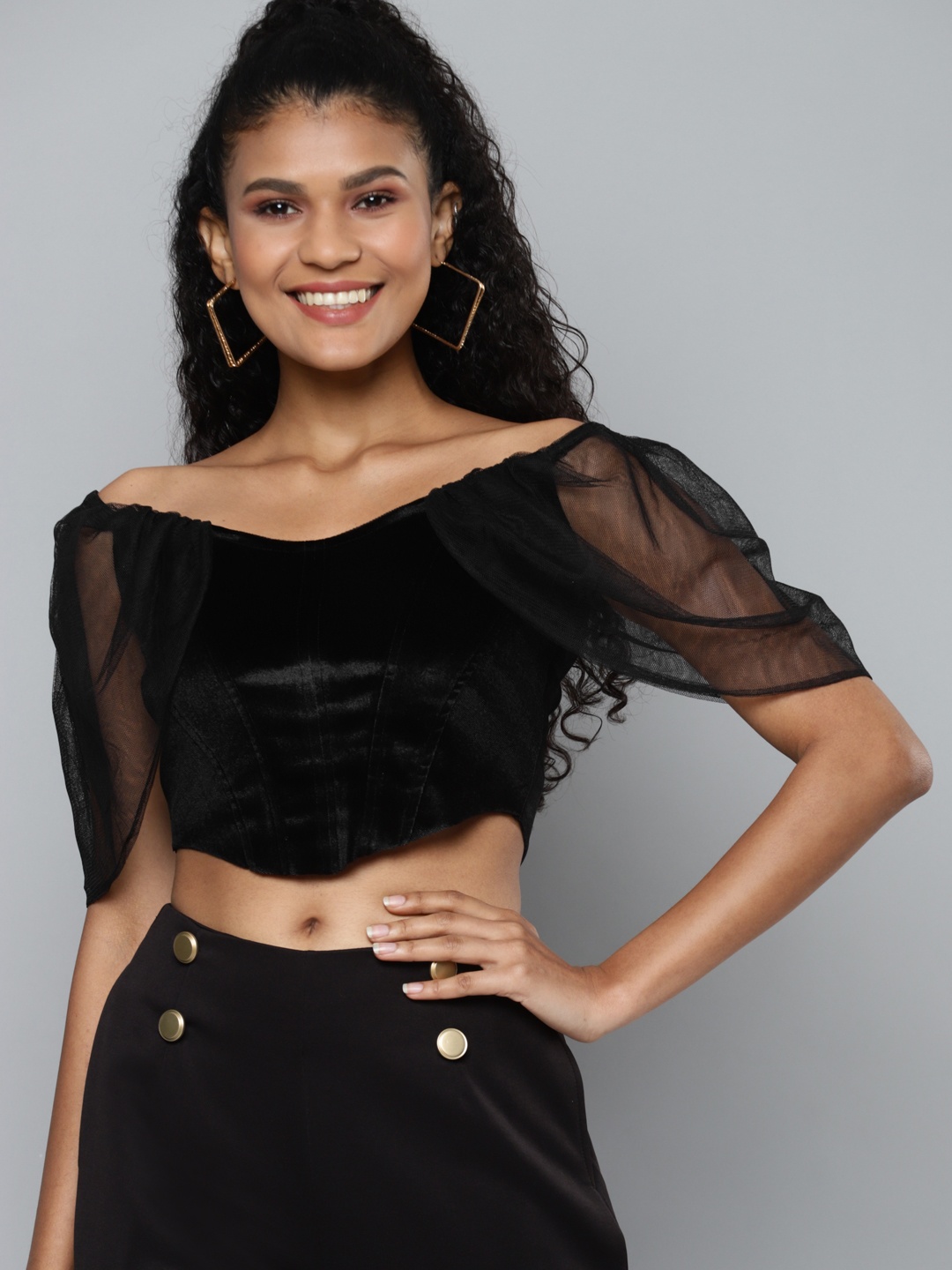 

SASSAFRAS Black Off-Shoulder Velvet Crop Bardot Blouse