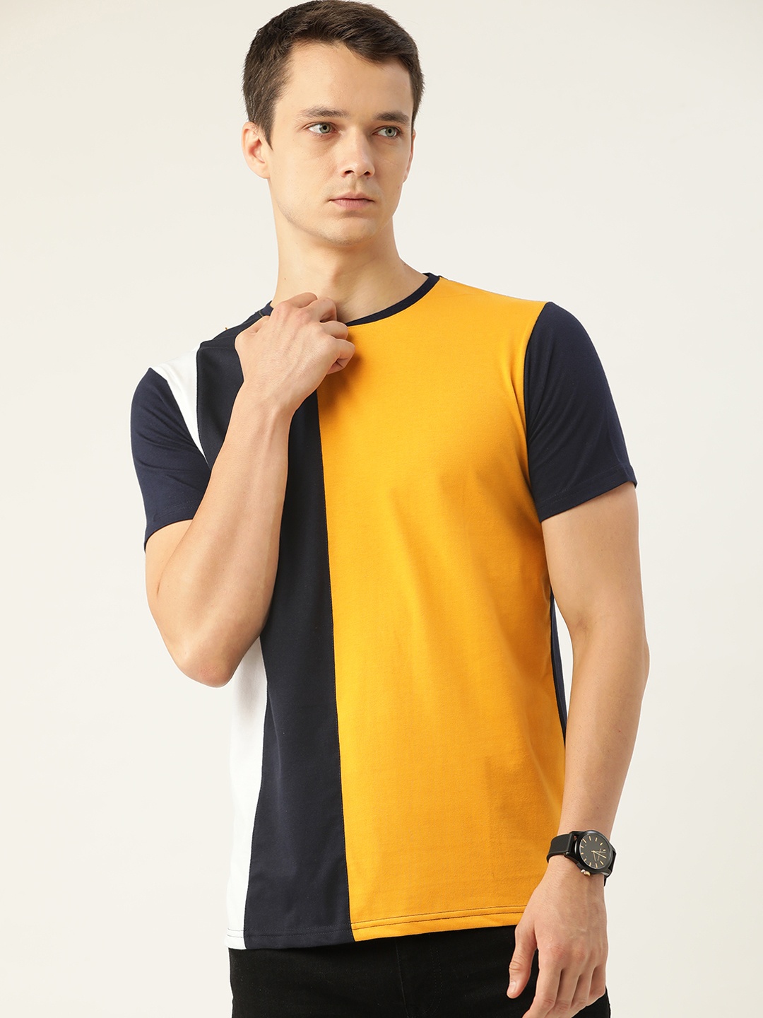 

FERANOID Men Navy Blue & Mustard Yellow Colourblocked T-shirt