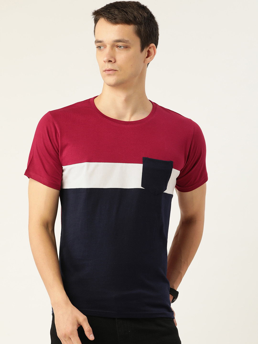 

FERANOID Men Navy Blue & Maroon Colourblocked Pockets T-shirt