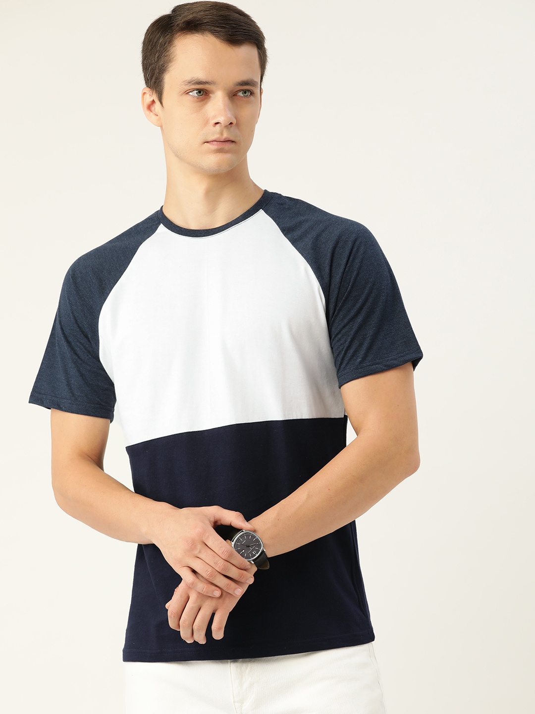 

FERANOID Men White & Navy Blue Colourblocked Pockets T-shirt