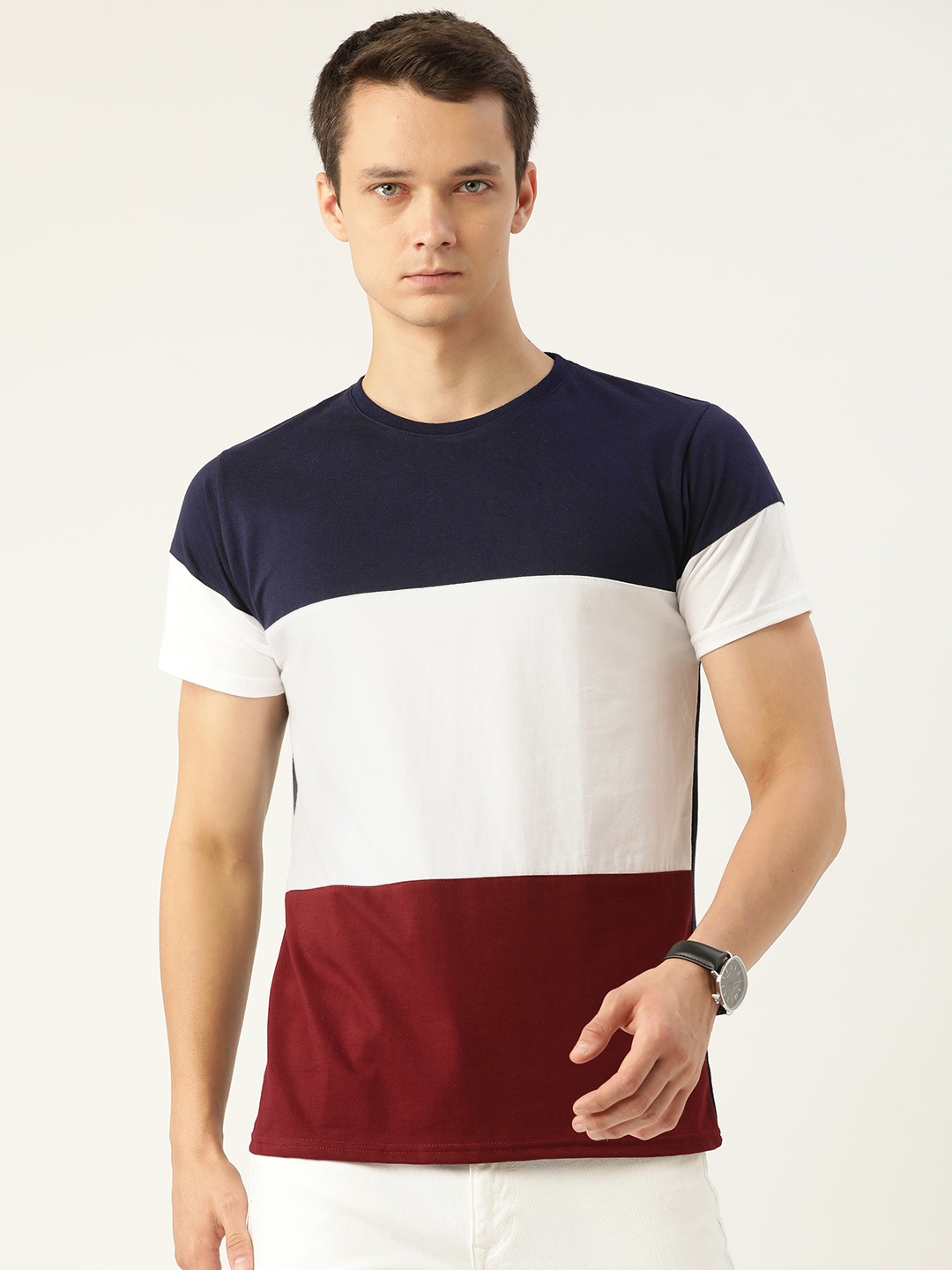 

FERANOID Men Navy Blue & White Colourblocked T-shirt